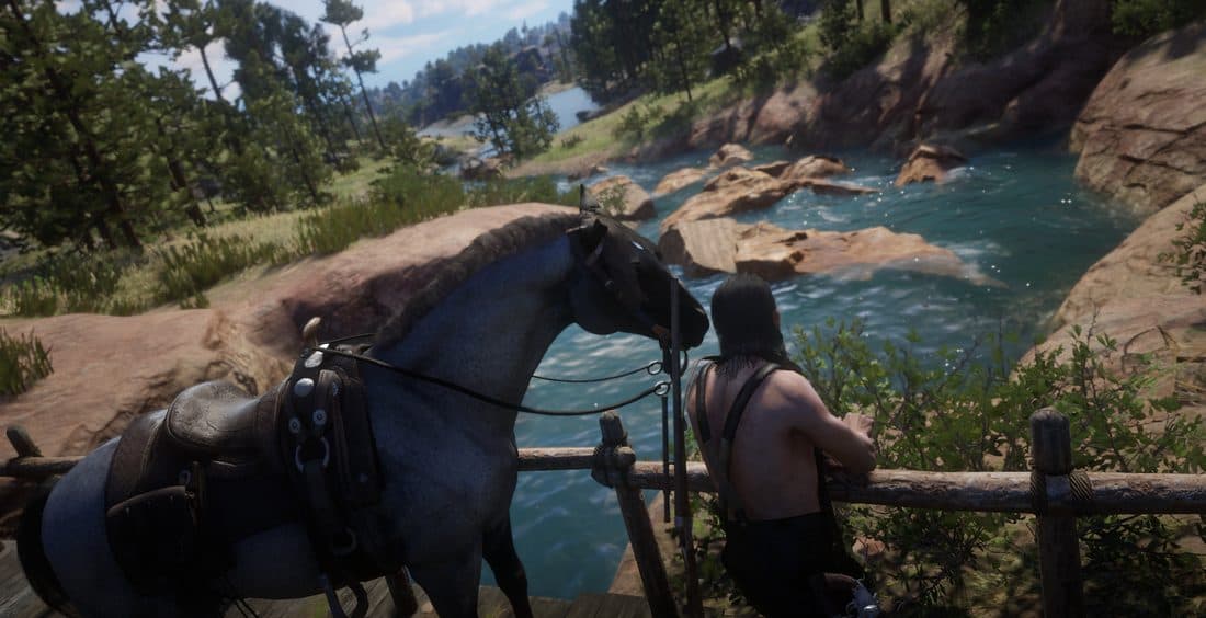 A character resting against a fence beside a river with their horse