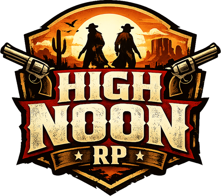 High Noon RP - crossed revolvers crest, two riders walking into the sunset